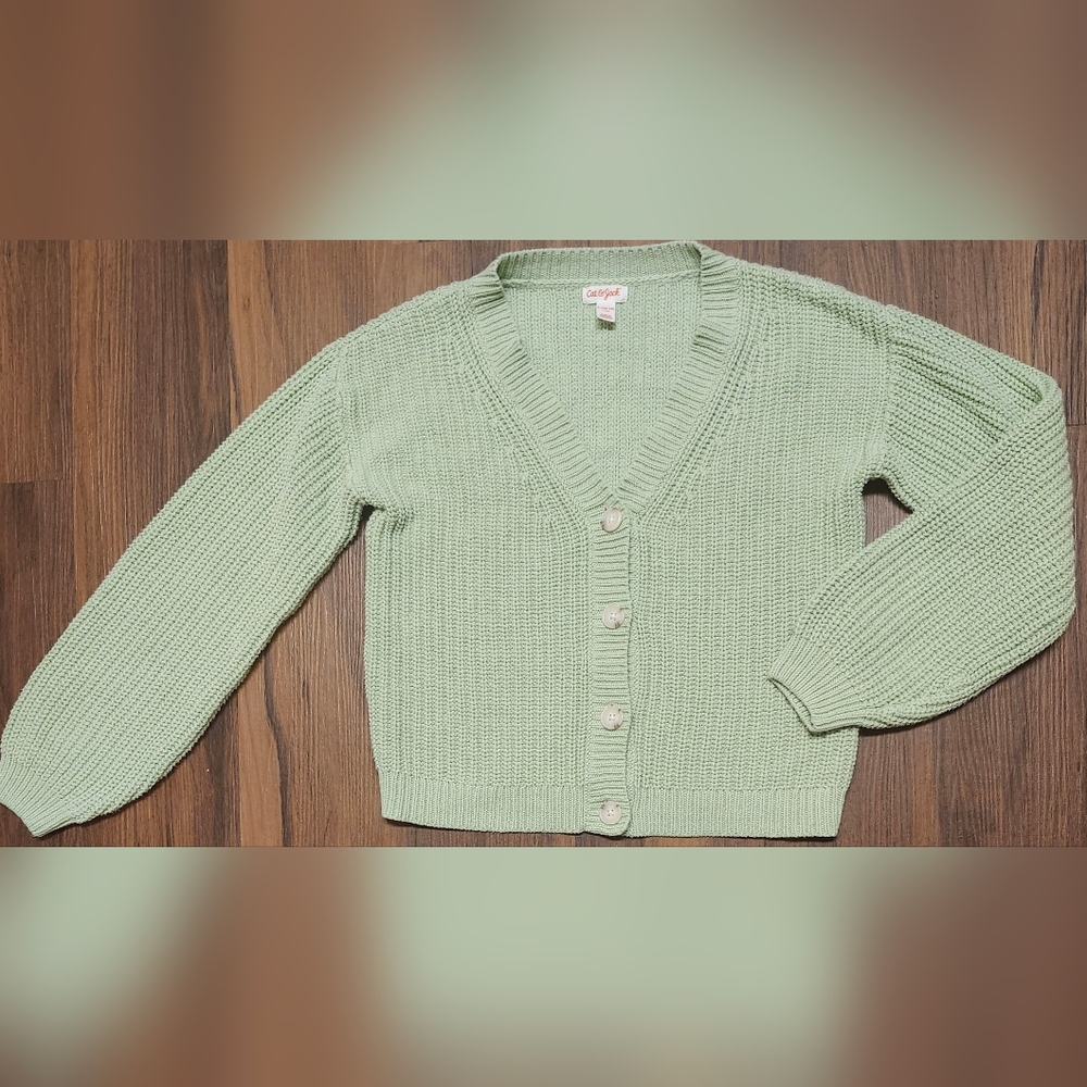 Girls Sz L (10/12) Cat & Jack Mint Green V-Neck Knit Cardigan Worn 1x
